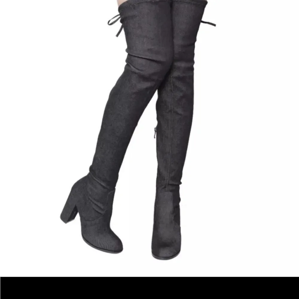BLACK DENIM OVER THE KNEE BLOCK PLASFORM HEEL BOOT